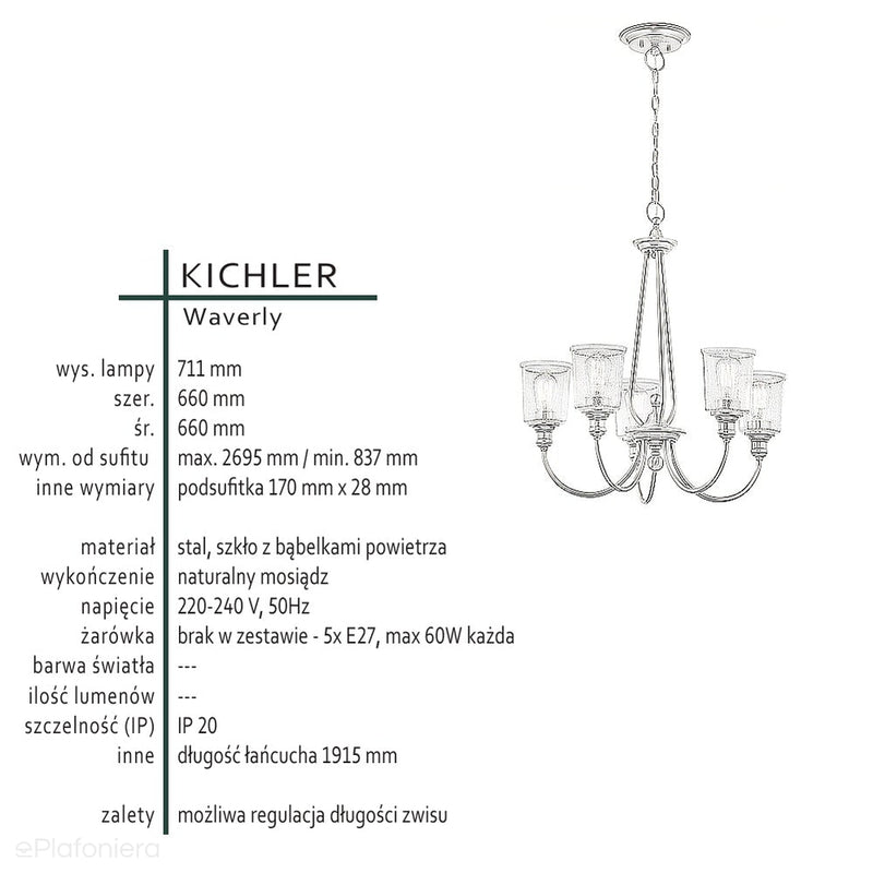 Підвісний світильник Waverly, люстра (натуральна латунь, 66см) для вітальні / спальні - Kichler (5xE27)