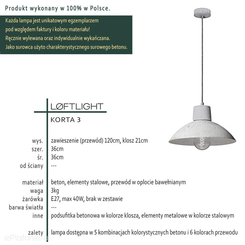Двоколірний бетонний світильник - сучасний промисловий підвісний світильник, для кухні вітальні (1xE27) (Korta 3) Лофтлайт