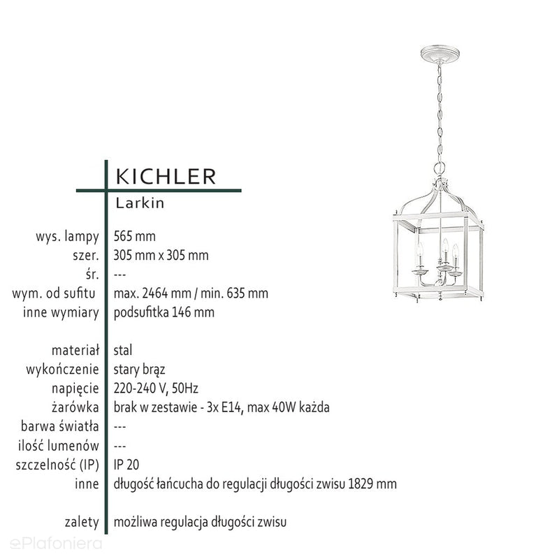 Підсвічник ліхтар металевий підвісний 30х30см (стара бронза) для кухні вітальні (3хЕ14) Kichler (Larkin)
