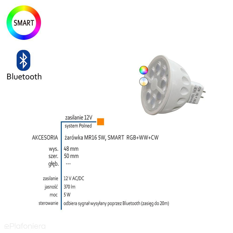 Розумна лампочка MR16 5W, RGB+WW+CW, Bluetooth - АКСЕСУАРИ системи 12V LED Polned (6279011)