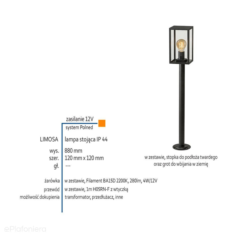 Світильник стоячий 68/88см зовнішній садовий стовп IP 44 (4W, 2200K) (система 12V LED) Limosa