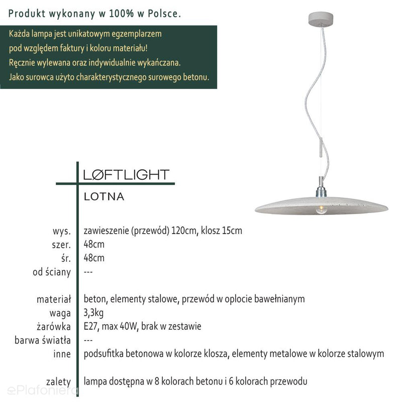 Бетонний світильник - сучасний промисловий підвісний світильник, для кухні вітальні (1xE27) (Лотна) Лофтлайт