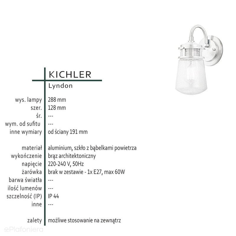 Настінний світильник Lyndon скляний, внутрішній та зовнішній - Kichler (стара бронза, IP44, 13 см)