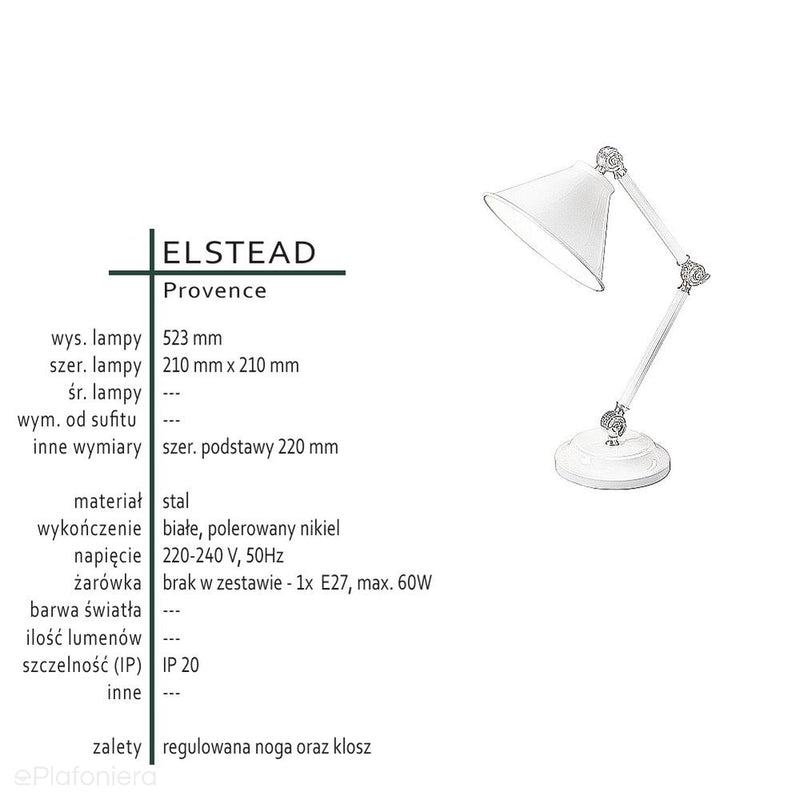 Настільна/письмова лампа прованс (білий - полірований нікель) - Elstead (1xE27)