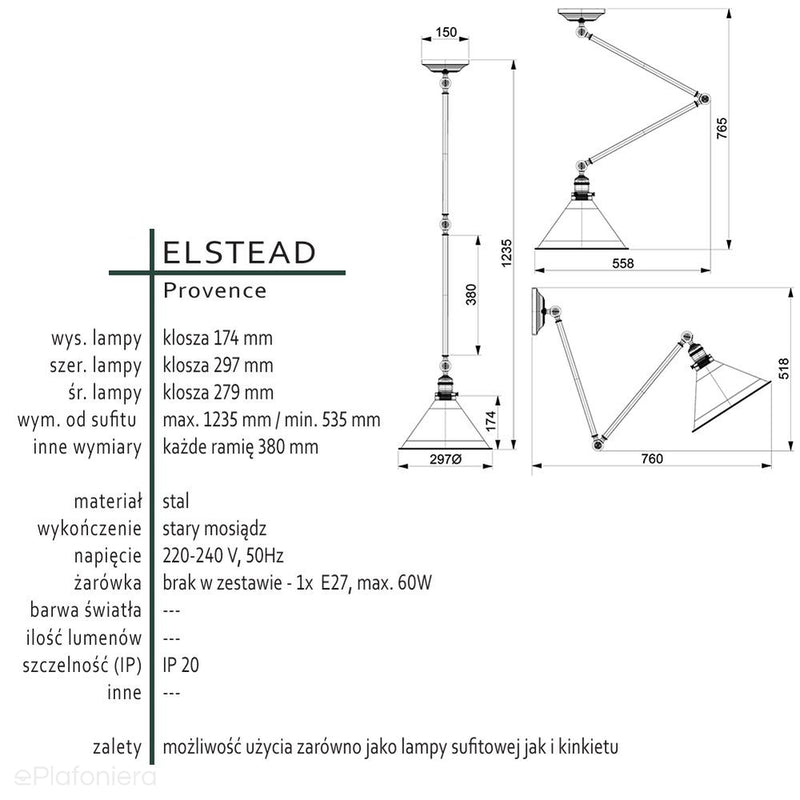 Підвісний / настінний світильник Прованс - регульований настінний світильник, Elstead (стара латунь, 1xE27)