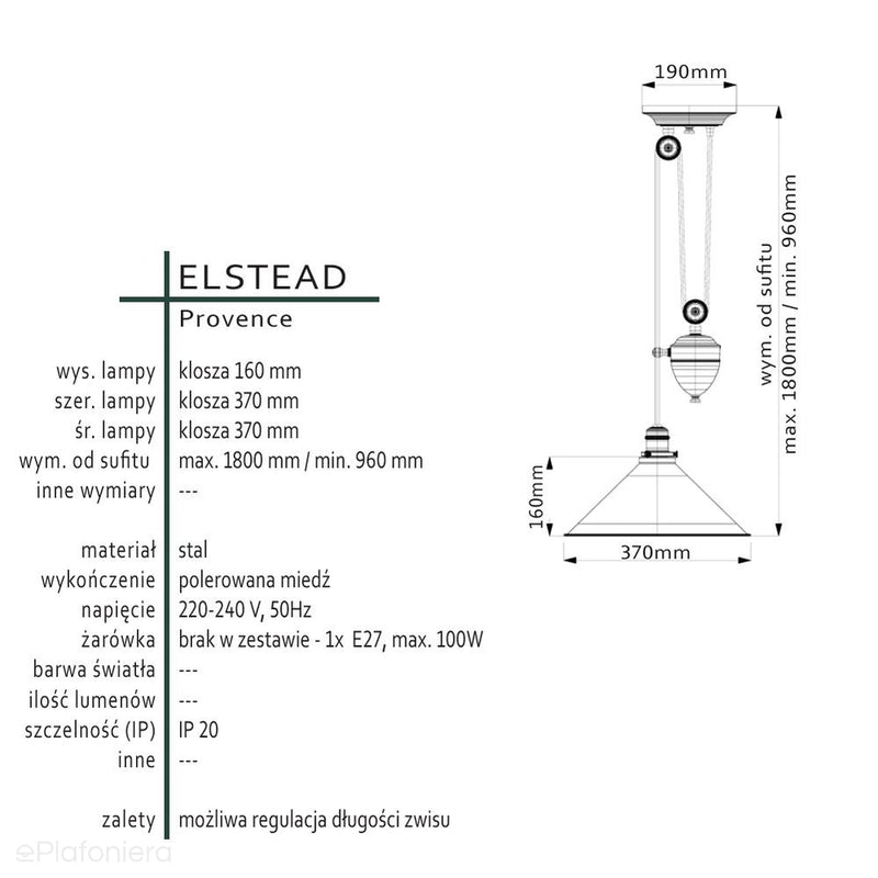 Підвісний світильник з противагою Прованс (мідь полірована) - Elstead (1xE27)