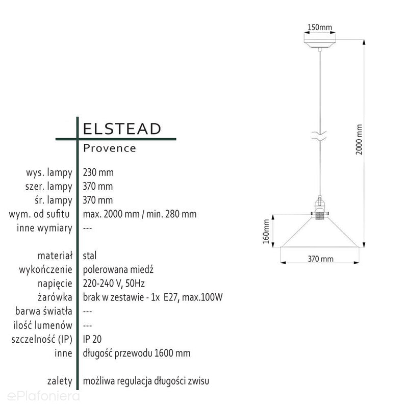Полірована мідь - Підвісний світильник Прованс - Elstead (37см, 1xE27)