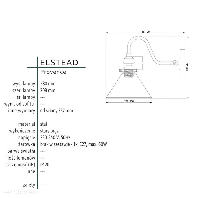 Настінний світильник зі старовинною бронзою Прованс - Elstead (1xE27)