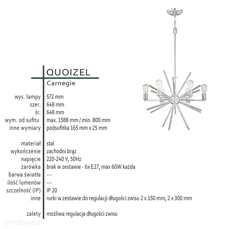 Мансардна люстра Carnegie - Quoizel, бронза (65см, 6xE27)