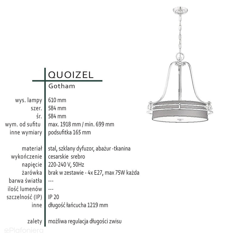 Срібний підвісний світильник - чорний абажур (58см) Люстра для вітальні, спальні, їдальні (4xE27) Quoizel (Gotham)