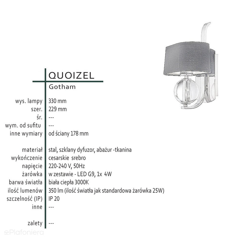 Срібний настінний світильник - чорний абажур настінний світильник для вітальні, спальні, їдальні (G9 4x4W) Quoizel (Gotham)
