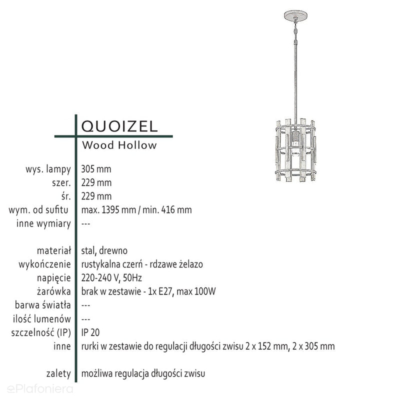 Підвісний світильник Rustic Wood (дерево, метал) - Quoizel, 23см / 1xE27