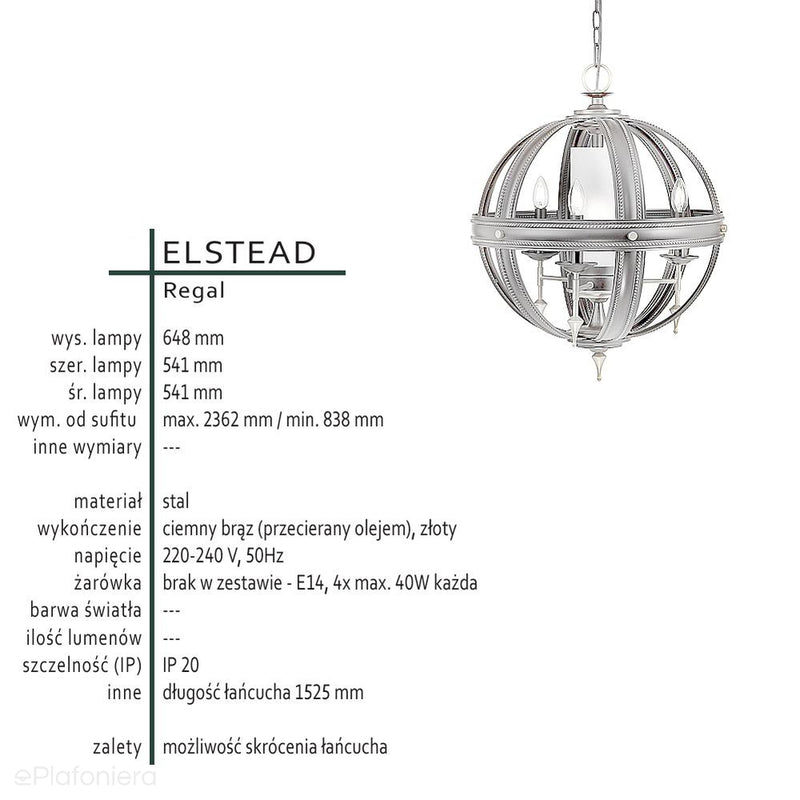 Підвісний світильник на ланцюжку 54см - люстра, свічник для спальні вітальні (4xE14) Elstead (Regal)