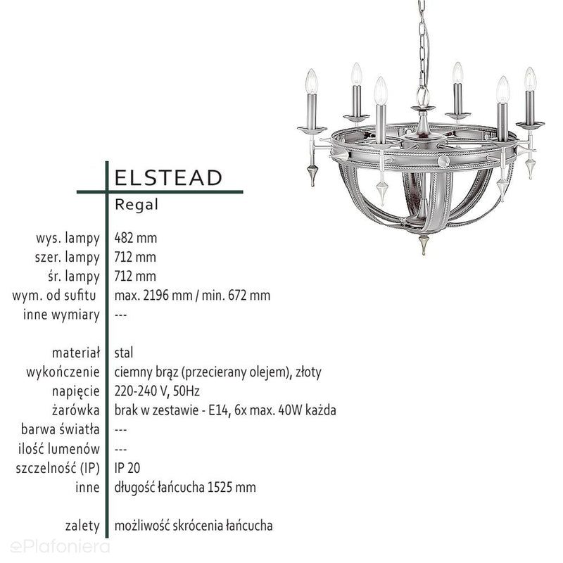 Підвісний світильник на ланцюжку 70см - люстра, свічник для спальні вітальні (6xE14) Elstead (Regal)