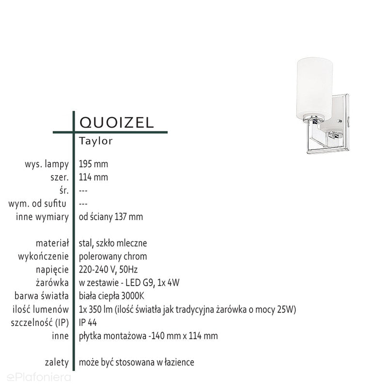 Настінний світильник для ванної / над дзеркалом Taylor полірований хром - Quoizel, IP44, 15x20см, G9 1x4W