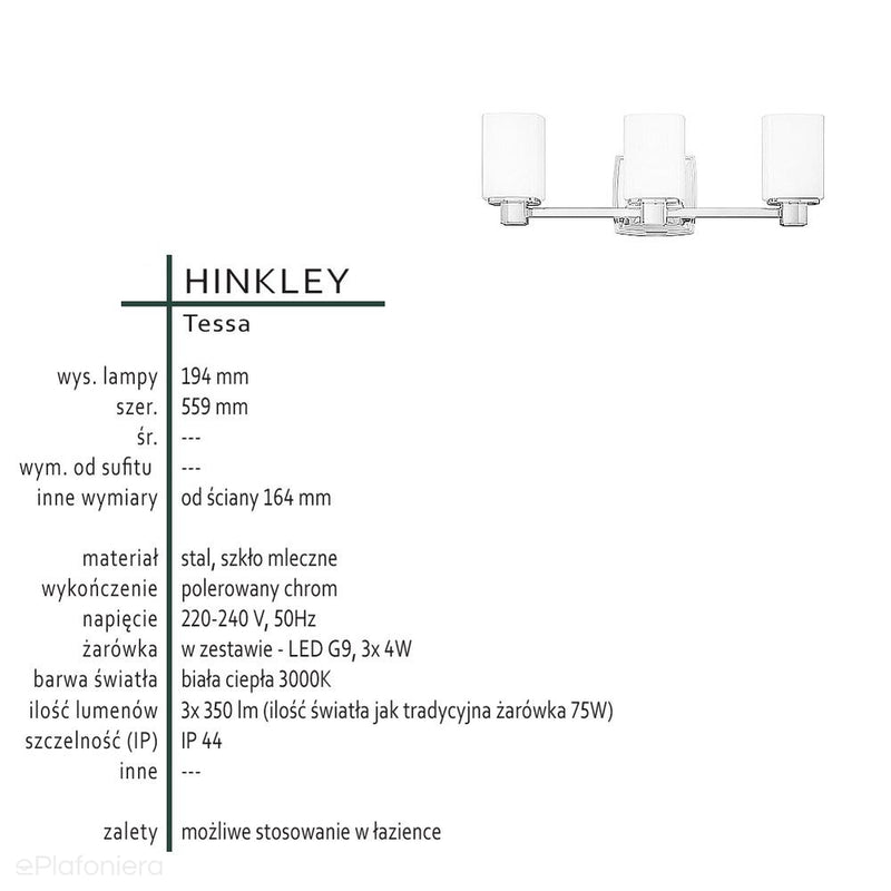 Настінний світильник для ванної кімнати - бра хром молочне скло (G9 3x4W) Hinkley (Tessa)