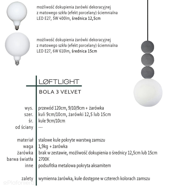 Сучасний підвісний світильник для вітальні - три кулі - сталь, замша (1xE27) (Bola 3 Velvet) Лофтлайт