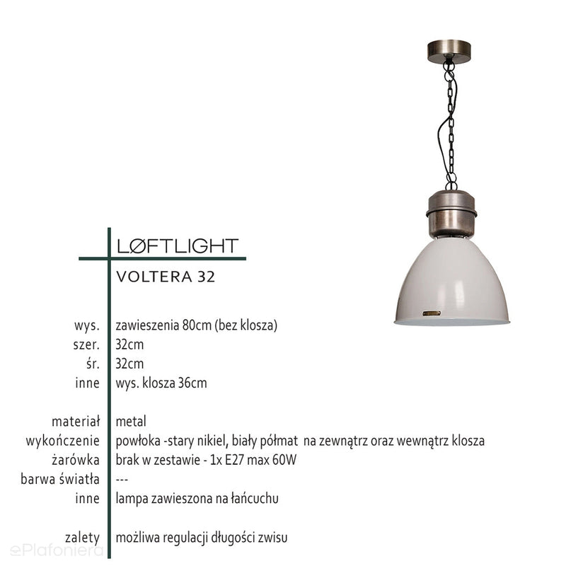 Підвісний світильник лофт білий Voltera 32см Nickiel - LoftLight