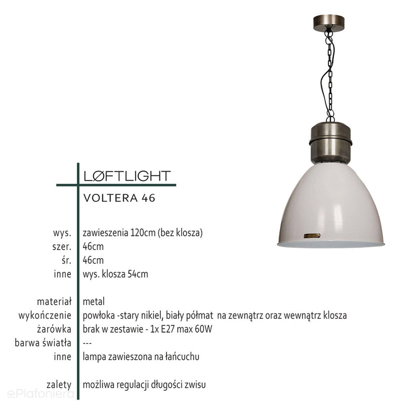 Підвісний світильник лофт білий Voltera 46см нікель - LoftLight
