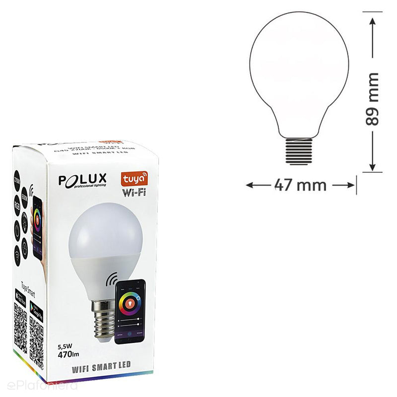 Лампа Smart WiFi, LED E14 молочний (куля 5.5W - 470lm) (2700K - 6500K + RGB) Polux/SANTUY0205